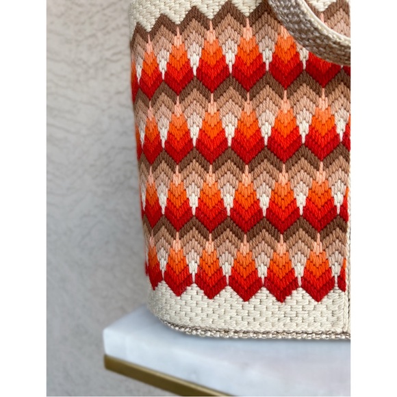 VINTAGE 60s 70s JR Miami Julius Rednik Orange Woven Yarn & Needlepoint Tote Bag - Picture 4 of 11